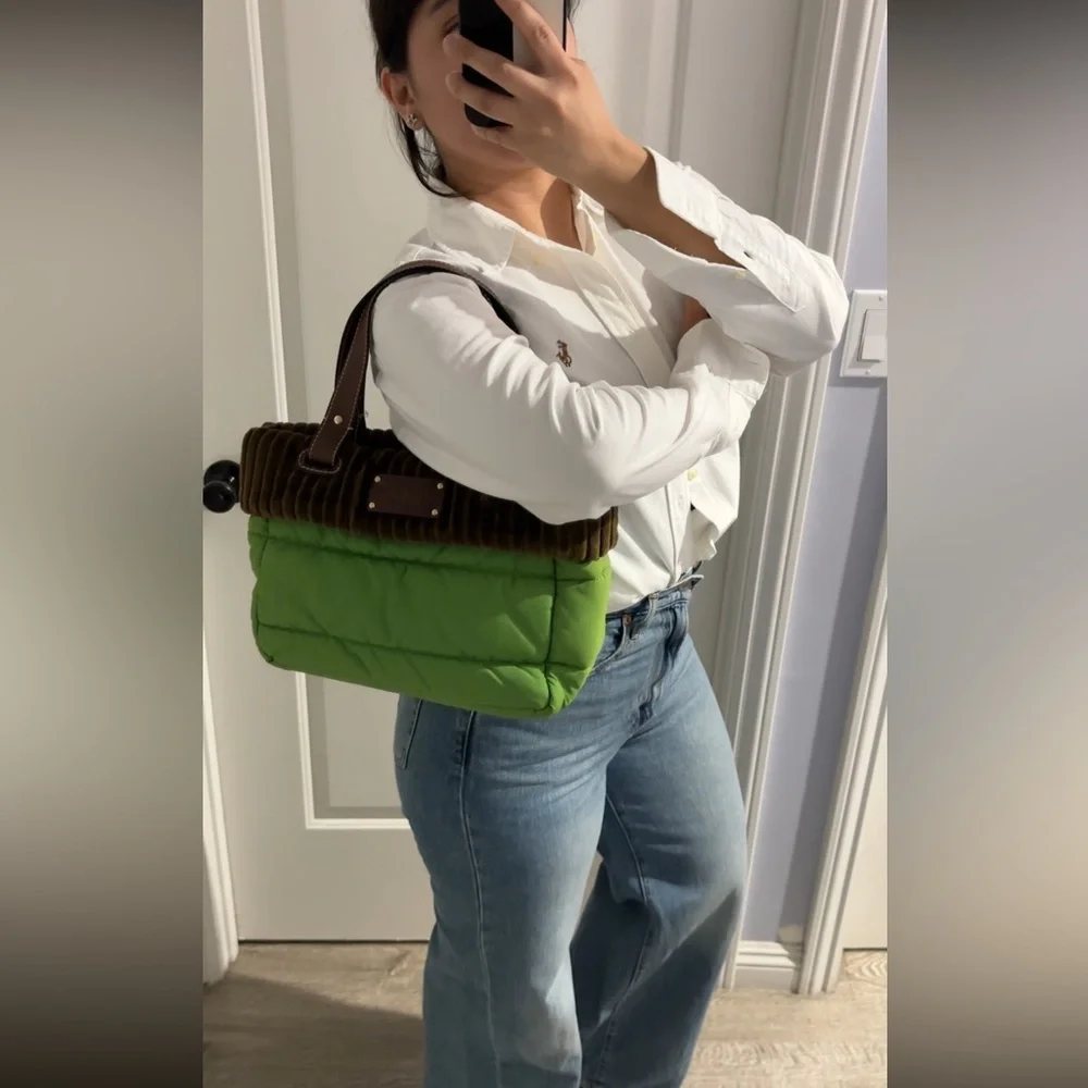 Vintage Kate Spade NY Green Quilted Nylon Bag Brown Corduroy Trim Y2K Purse